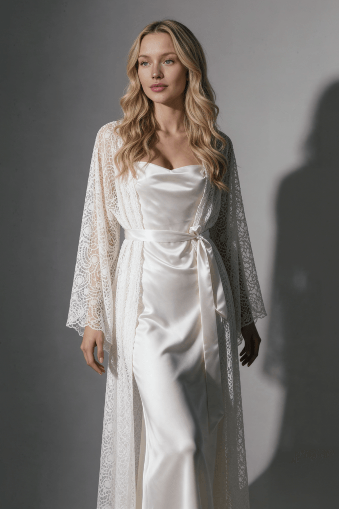 MAISON BRIDE ROSALIE 2'Lİ TAKIM - Ekru saten gecelik sabahlık takımı, dantel bridal gecelik