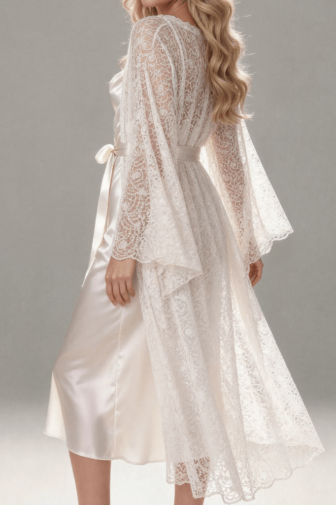 MAISON BRIDE ROSALIE 2'Lİ TAKIM - Ekru saten gecelik sabahlık takımı, dantel bridal gecelik