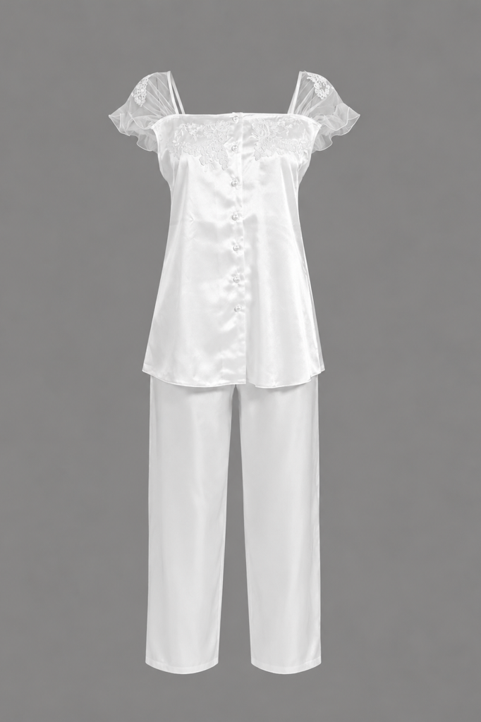 MAISON BRIDE ÉTOILE PİJAMA - Ekru Saten Pijama Takımı, Dantel Detaylı Bridal Pijama