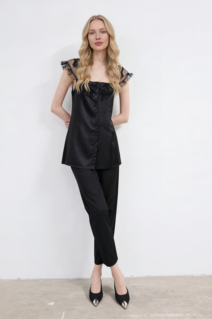 MAISON BRIDE ÉTOILE PİJAMA - Siyah Saten Pijama Takımı, Dantel Detaylı Bridal Pijama