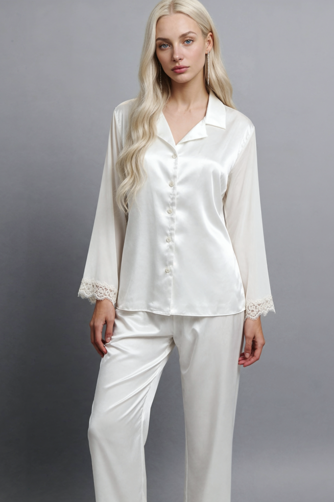 MAISON BRIDE ÉLİSE PİJAMA TAKIMI - Ekru Dantel Detaylı Uzun Tül Pijama