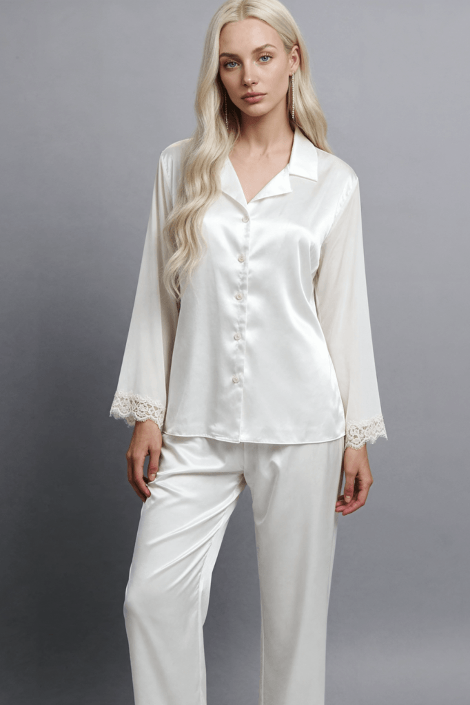MAISON BRIDE ÉLİSE PİJAMA TAKIMI - Ekru Dantel Detaylı Uzun Tül Pijama