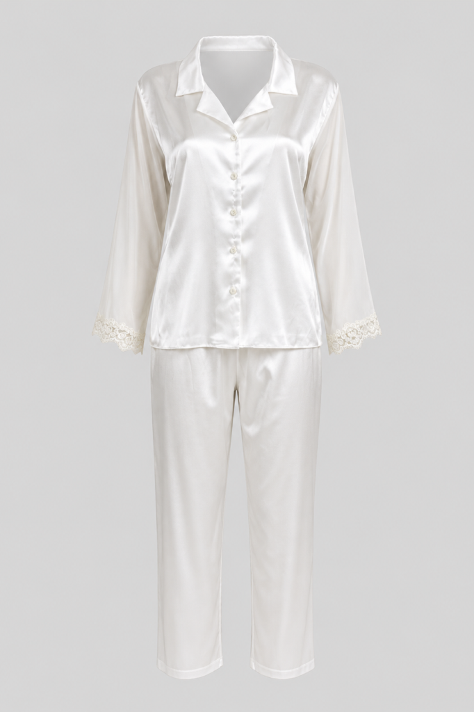 MAISON BRIDE ÉLİSE PİJAMA TAKIMI - Ekru Dantel Detaylı Uzun Tül Pijama