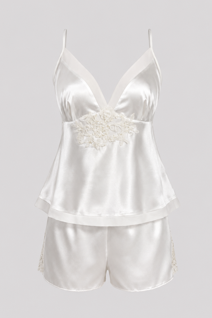 MAISON BRIDE ÉLİSE ŞORT TAKIMI - Ekru Dantel Detaylı Bridal Saten Şort Takımı