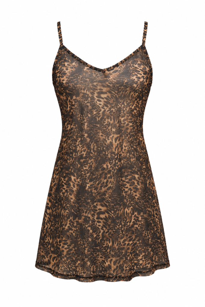 SAVAGE NOIR - Leopar Desenli Derin Sırt Dekolteli Transparan Slip Gecelik