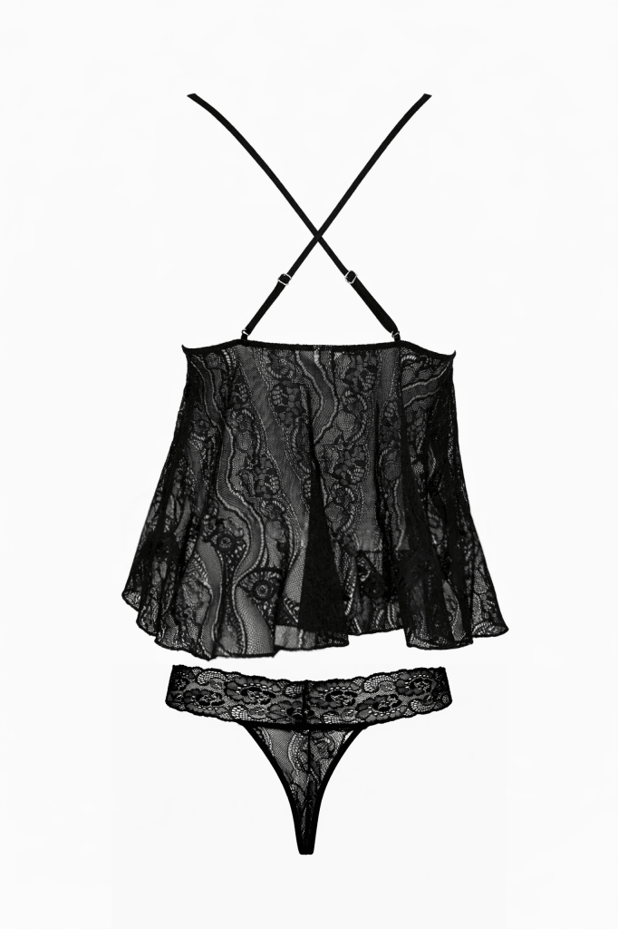 Askılı Siyah Özel Dantelli Baybdoll ve String Set