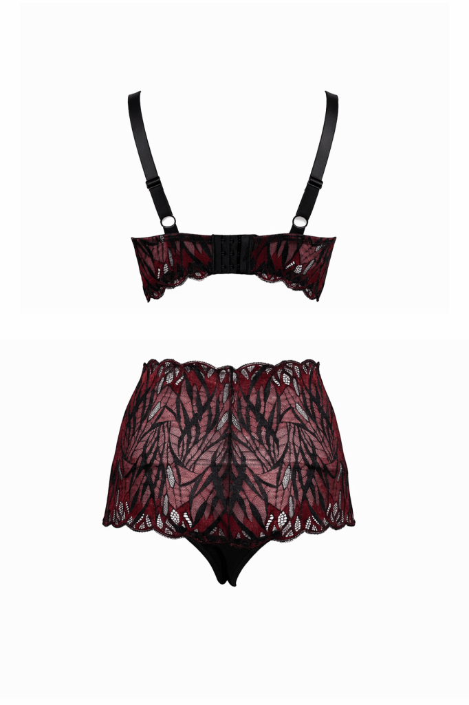 Lace Underwired Push-Up Red/Black Bra and Satin High-Waist Thong Panty Set