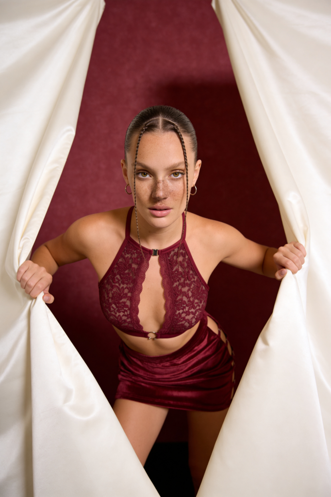 Lace Noir Velvet Set – Women's Plum Lace Bralette and Velvet Mini Skirt Transparent Set