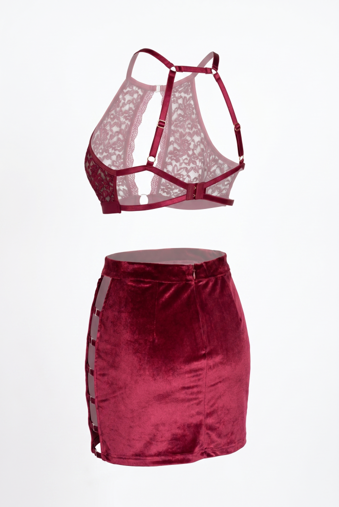 Lace Noir Velvet Set – Women's Plum Lace Bralette and Velvet Mini Skirt Transparent Set