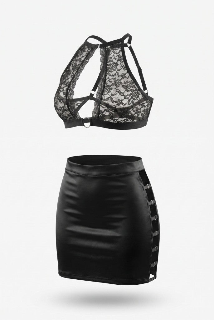 Lace Noir Velvet Set – Women's Black Lace Bralette and Velvet Mini Skirt Transparent Set