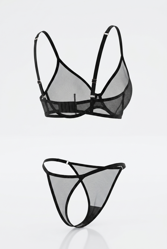 Black Glitter Transparent Bra and Panties Set