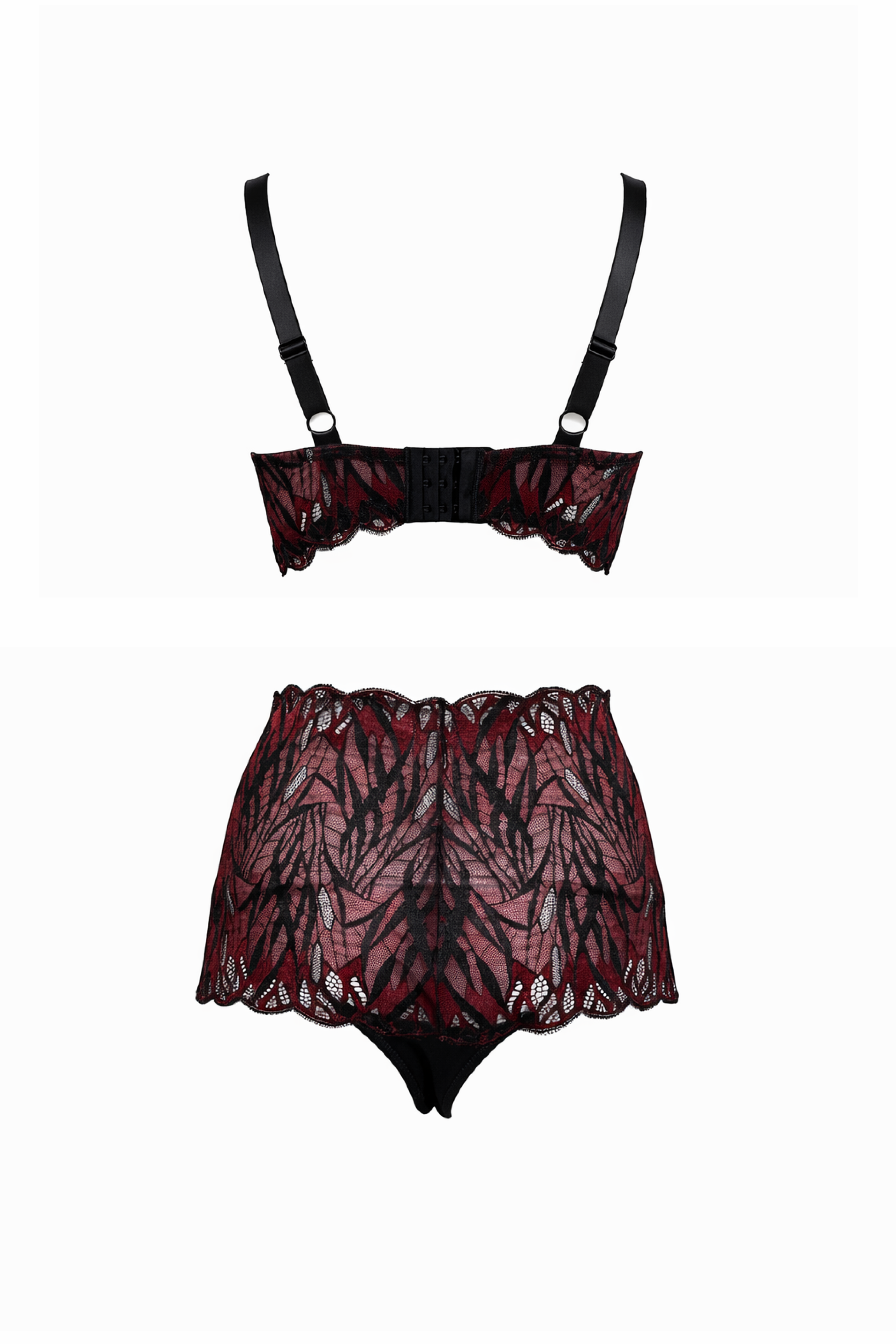 Lace Underwired Push-Up Red/Black Bra and Satin High-Waist Thong Panty Set