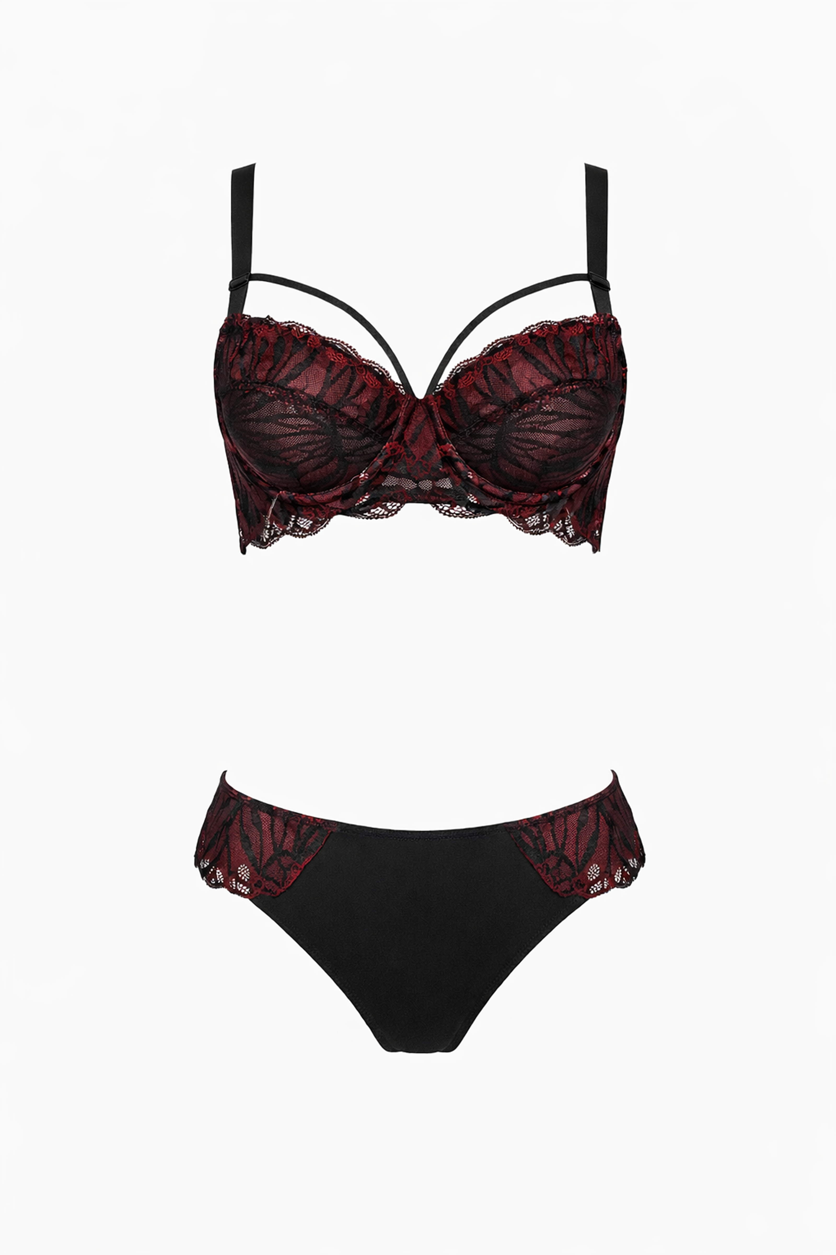 Lace Underwired Push-Up Red/Black Bra and Satin Briefs Set