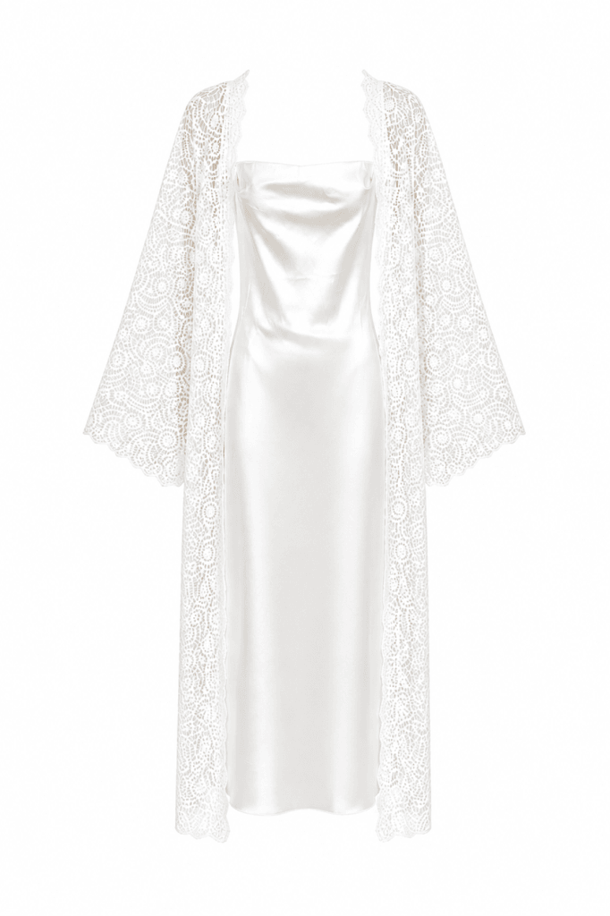 MAISON BRIDE ROSALIE 2'Lİ TAKIM - Ekru saten gecelik sabahlık takımı, dantel bridal gecelik