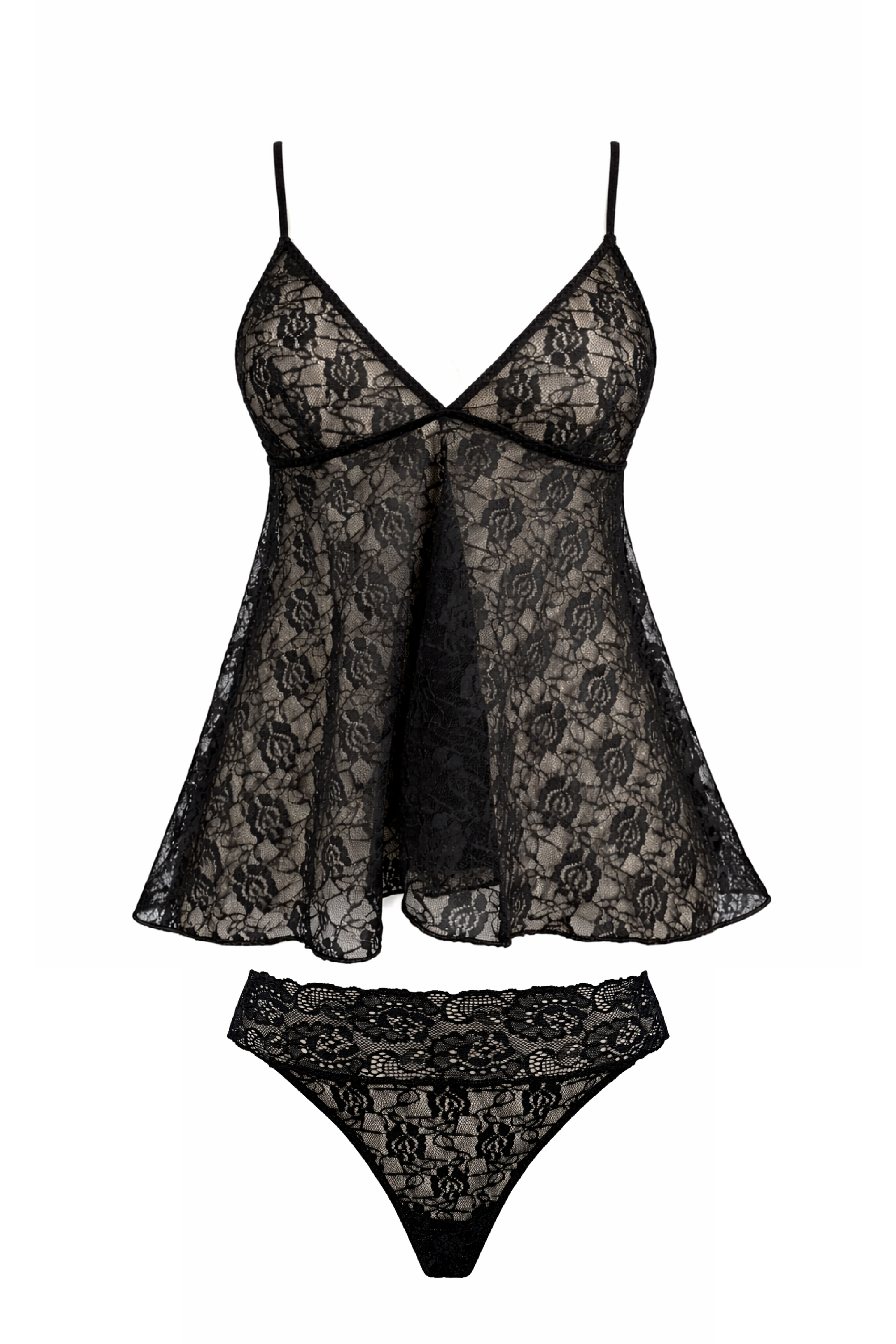 Cross-Back Black Special Lace Babydoll and Thong Set