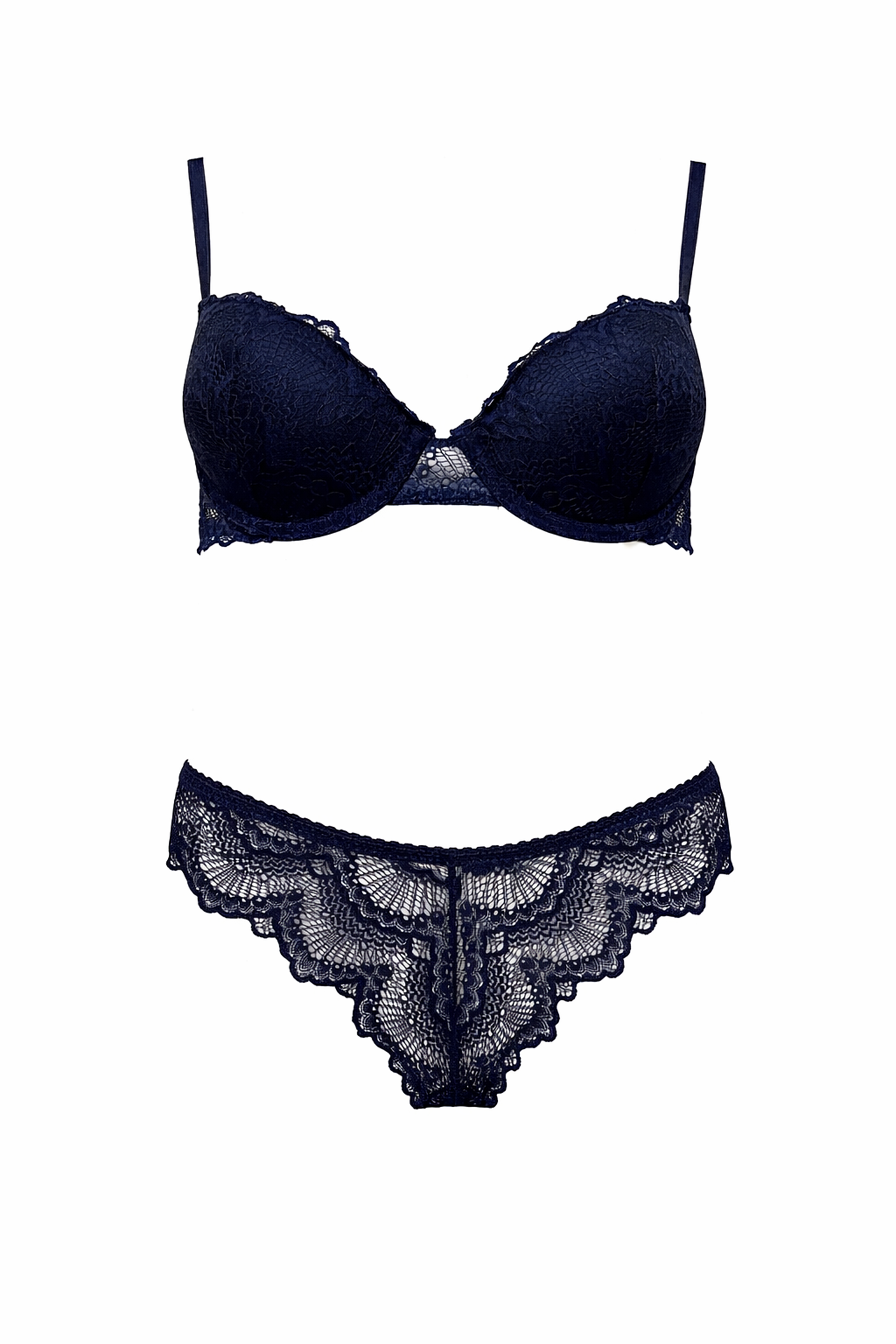 Navy Blue Lace Underwired Non-Padded Bra and Panty Set