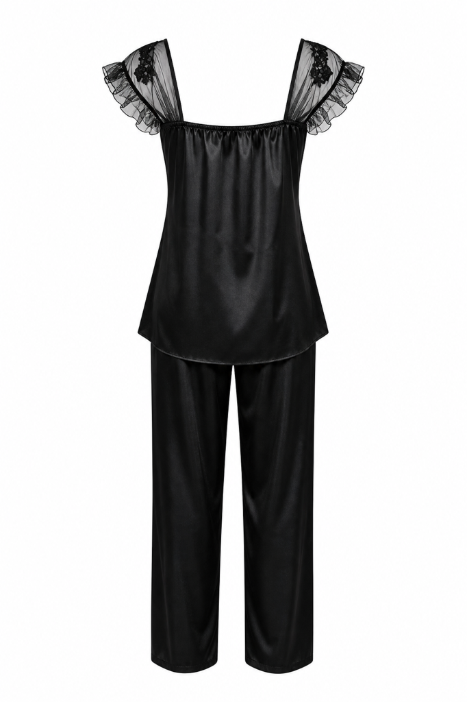 MAISON BRIDE ÉTOILE PİJAMA - Siyah Saten Pijama Takımı, Dantel Detaylı Bridal Pijama
