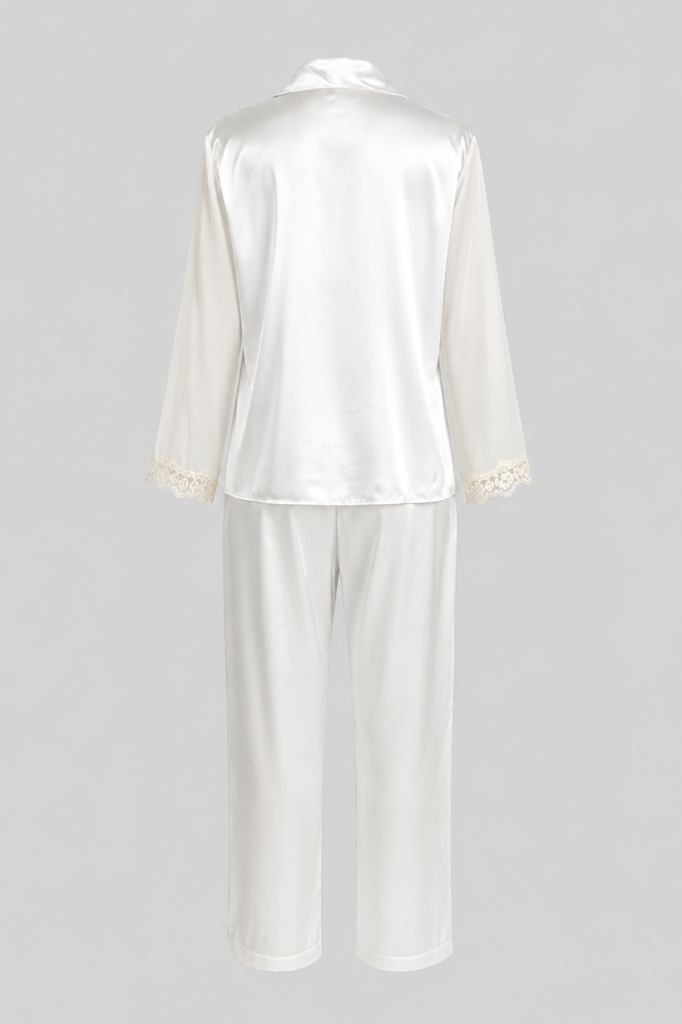 MAISON BRIDE ÉLİSE PİJAMA TAKIMI - Ekru Dantel Detaylı Uzun Tül Pijama