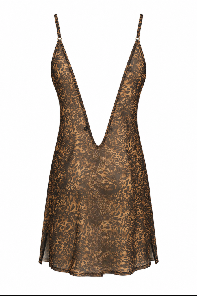 SAVAGE NOIR - Leopar Desenli Derin Sırt Dekolteli Transparan Slip Gecelik