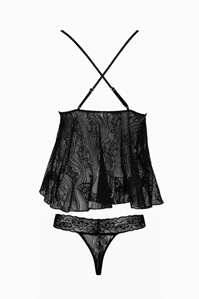 Askılı Siyah Özel Dantelli Baybdoll ve String Set