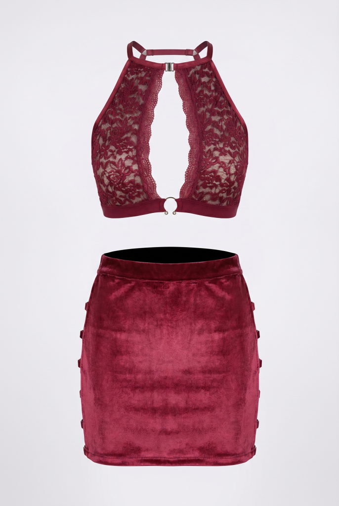 Lace Noir Velvet Set – Women's Plum Lace Bralette and Velvet Mini Skirt Transparent Set