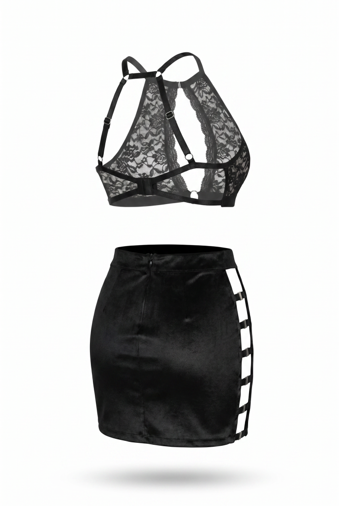 Lace Noir Velvet Set – Kadın Siyah Dantel Bralet Kadife Mini Etekli Transparan Takım