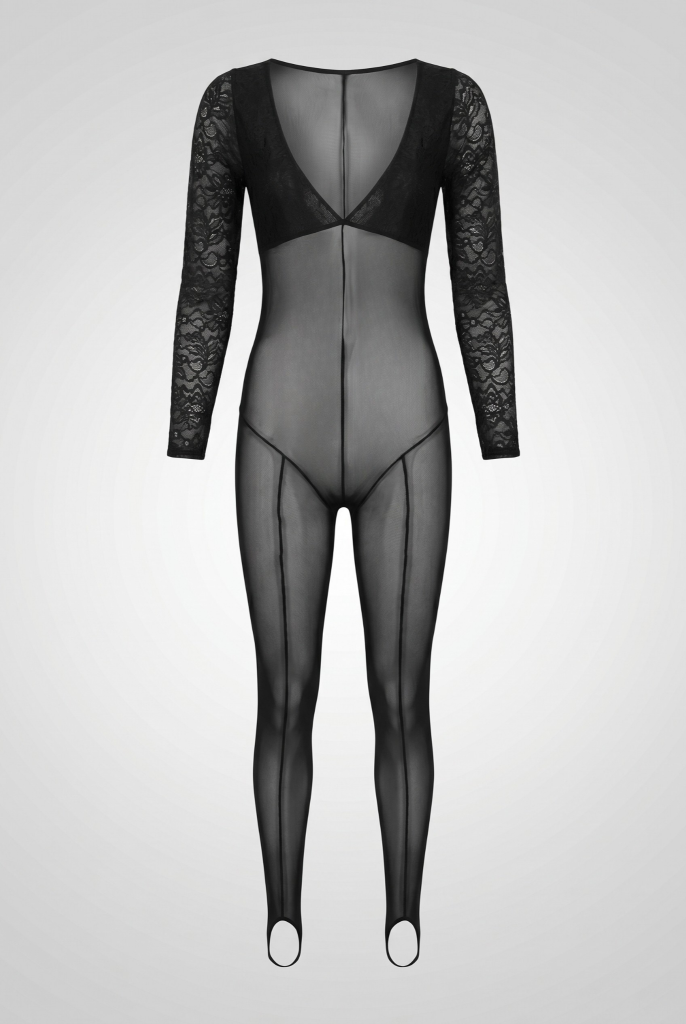 Sheer Lace Bodysuit, Full Body Fit - Siyah Transparan Tül & Dantel Bodysuit